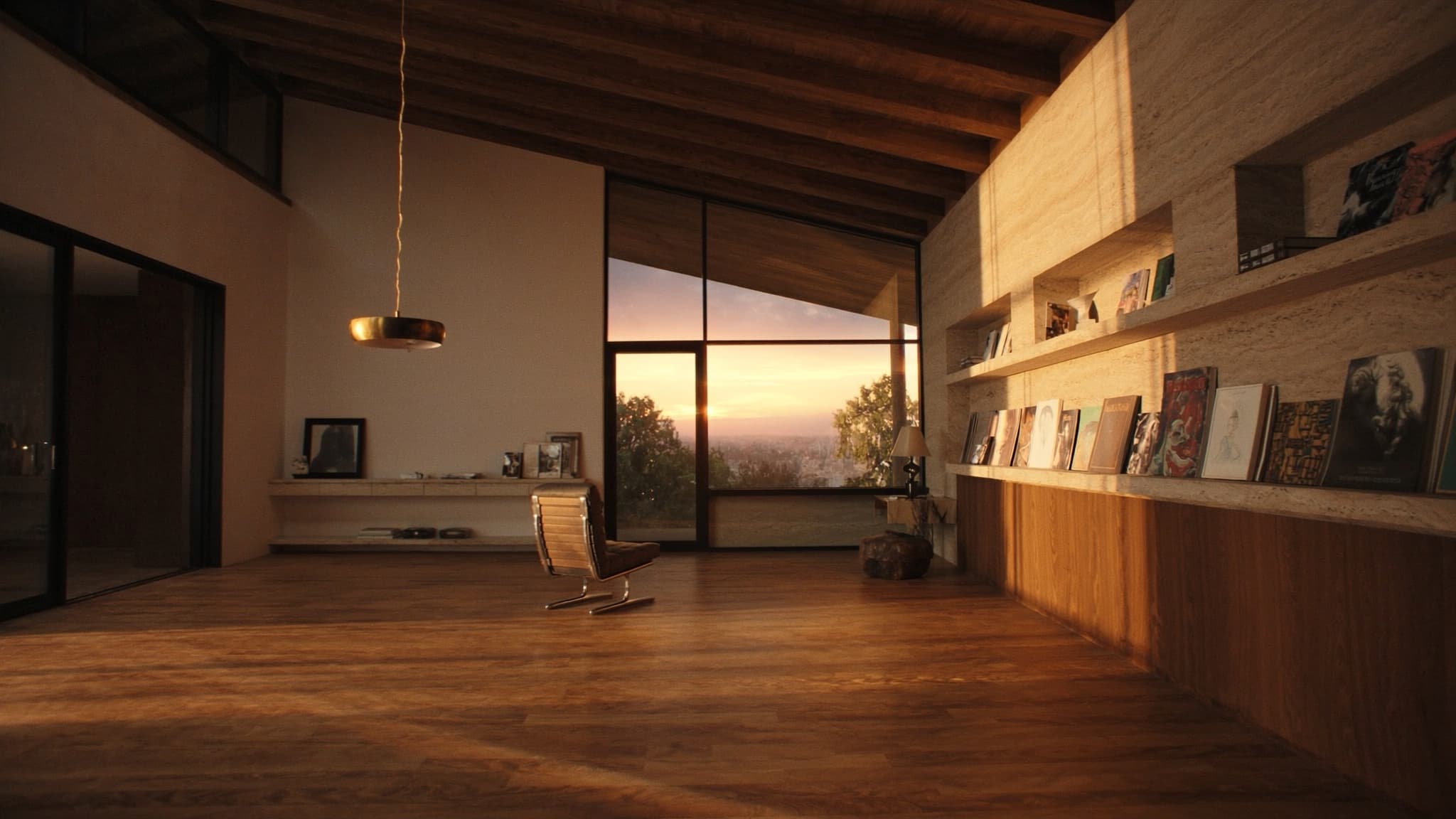 Interior arquitectónico de comunidad de vida sénior con anciano leyendo junto a ventanal al amanecer